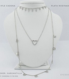 CADENA PLATA TRIPLE CHOCKER CON CUBIC BLANCO 32CM CADENA DE BOLITAS CON CORAZON