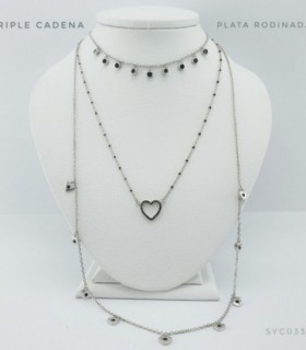 CADENA TRIPLE DE PLATA CHOCKER CON CUBIC NEGRO 3